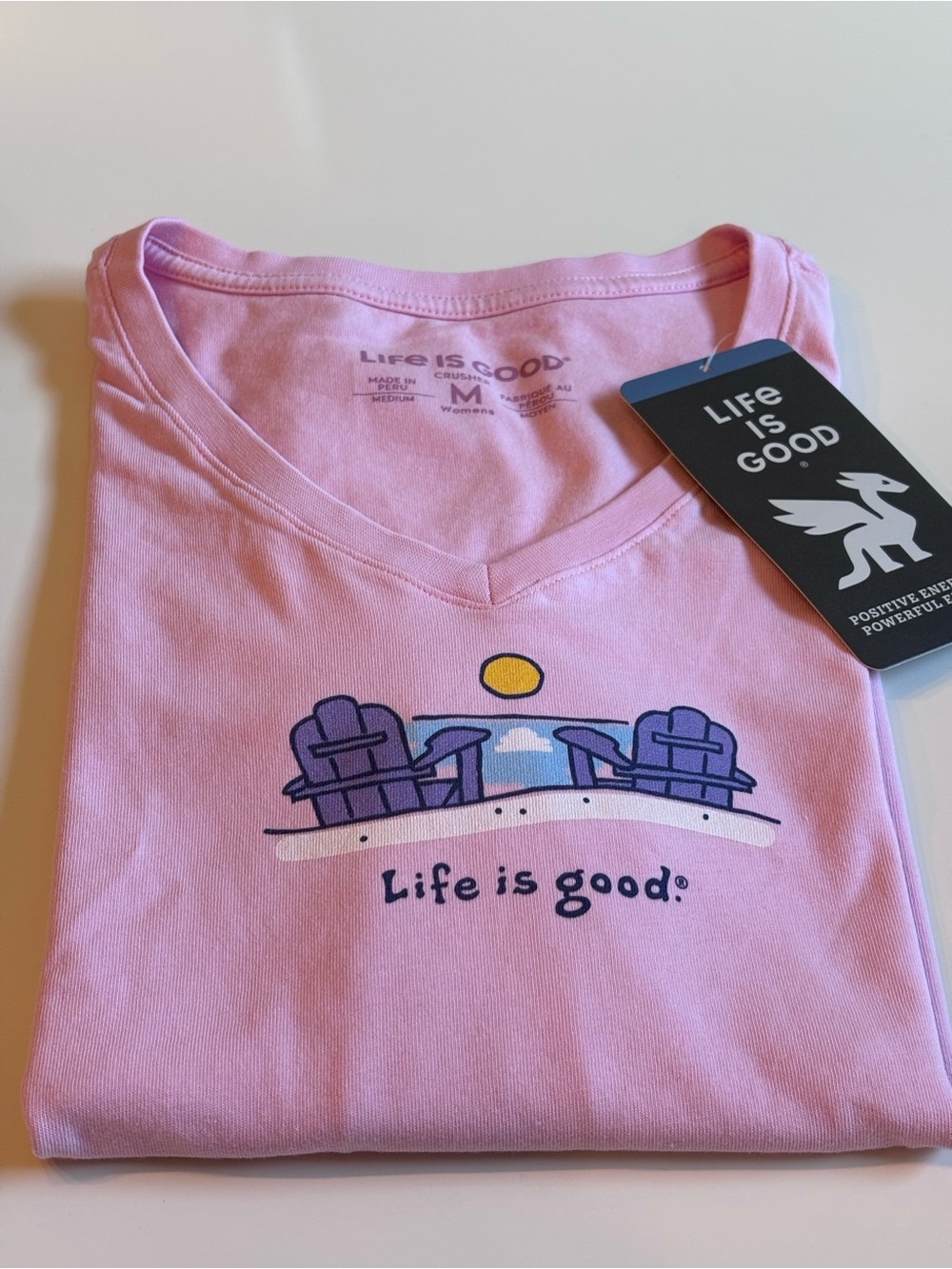 Life Is Good Pink V-Neck Crusher Tee. Adirondack Chairs Graphic, Women’s M. NWT